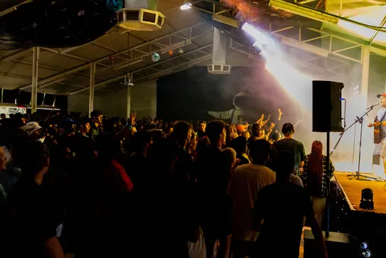 A crowd watching a band under stage lights
